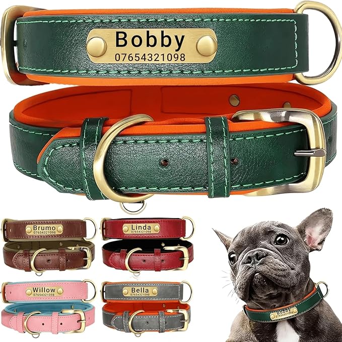 Leather Dog Collar Personalised and Leash Set, Personalized with Soft Padded Design Heavy Duty Featuring Custom Engraved Name Plate for Small Medium and Large Dogs
