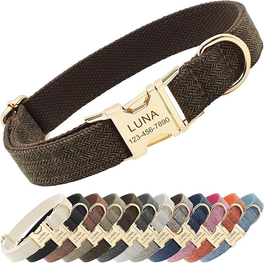 Polyester Personalized Dog Collar with Name and Phone Number, Customizable Laser-Engraved Collar with Metal Quick Release Buckle for Dogs (Coffee)