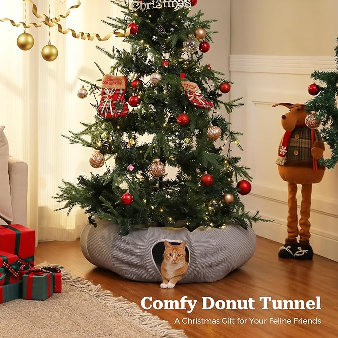 PEQULTI Cat Donut Tunnel with Bed for Indoor Cats, Cat Play Tunnel with Washable Soft Plush Mat, Round Tube Toys Cute Tube for Kittens, Puppies, Rabbits and Ferrets, Grey