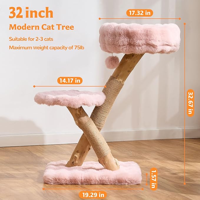 Cat Tree Modern Sturdy Solid Wood Cat Tower for Large Cat with Scratching Post for Indoor, Multifunctional Cat Tower with Cozy Bed and Platforms