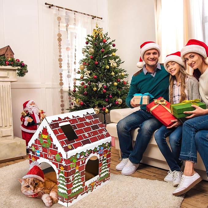 Cinrobiye Christmas Cardboard Cat House with Scratcher Pet Gingerbread Board Bed Cave Playhouse Hideaway Hideout Condo Decor Small Animals Scratch Box for Indoor Cats Kittens Rabbits Bunny (Red, 1)