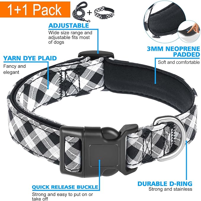 Reflective Dog Collar Padded with Soft Neoprene Breathable Adjustable Nylon Dog Collars for Small Medium Large Dogs (Large (Pack of 1), Black Plaid Collar+Leash)