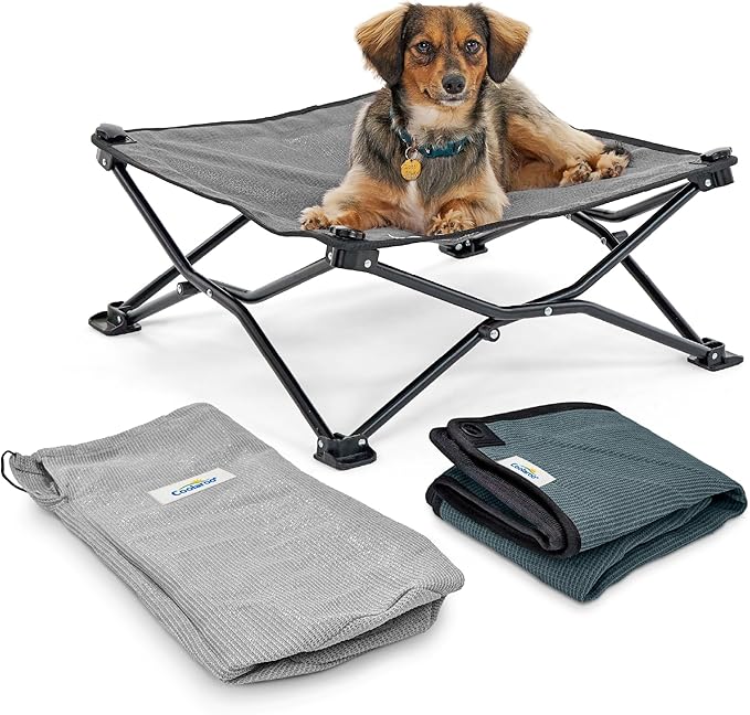 Coolaroo On-The-Go Elevated Dog Bed Kit – Portable & Cooling Travel Cot with HeatShield Fabric for Small Dogs, Lightweight & Compact, Includes Matching Carry Bag & Pacific Blue Bonus Cover, Small