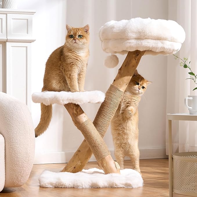 Cat Tree Modern Sturdy Solid Wood Cat Tower for Large Cat with Scratching Post for Indoor, Multifunctional Cat Tower with Cozy Bed and Platforms