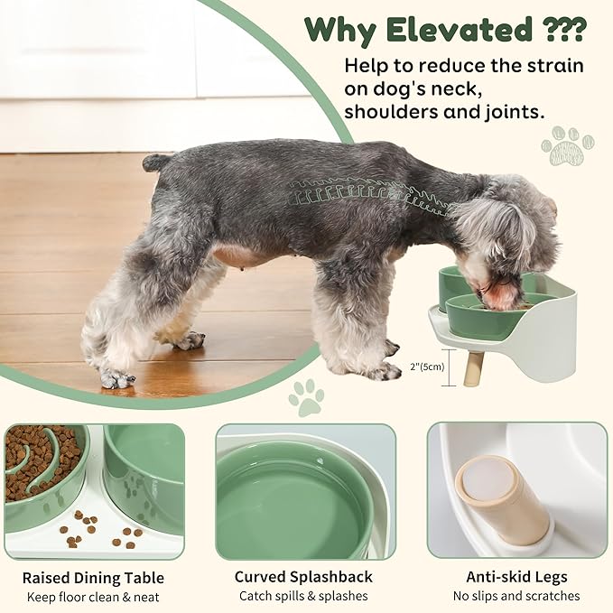 Elevated Slow Feeder Dog Bowls - Ceramic Food and Water Bowl Set with Stand - Raised Pet Dishes for Small and Medium Sized Dogs
