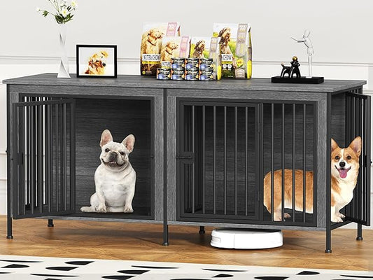 EasyCom Dog Crate Furniture for 1 or 2 Dogs, Heavy Duty Single/Double Dog Crates for Small/Medium/Large Dogs, Dog Kennel Furniture Indoor as TV Stand, Medium Size 63" L(20-35 Pounds), Dark Grey