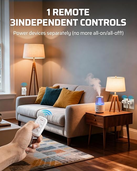 DEWENWILS Indoor Remote Control Outlet, Wireless Remote Outlets Switch, No Interference, 15A/1875W, 100FT RF Range, Compact Light Switch for Lamp, Christmas Decor,1 Remote 3 Outlets