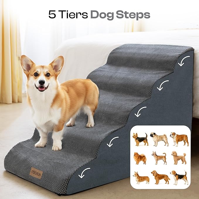 Extra Wide Dog Stairs for Large Dogs Up to 80lbs, 25" Pet Steps for High Bed with Washable Cover, 5-Step Foam Bed & Couch Ladder for Small Medium Dogs & Senior Cat, Gray