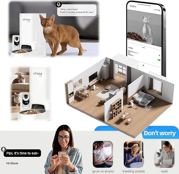 Automatic Cat Feeder with Camera, 1080P HD Video with Night Vision, Scheduled Automatic Pet Feeder, Separated Design Wide Grain Path with 2-Way Audio ＆ Feeding Call Function for Cat & Small Dog