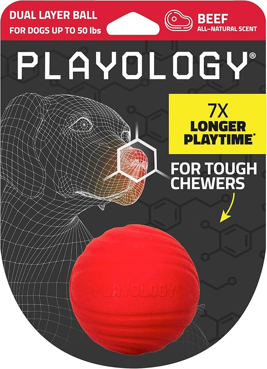 Playology Dog Toys | Dual Layer Ball Durable Chew Toy for Aggressive Chewers | Medium Beef Scented Toy - Easy to Clean and Made from Non Toxic Materials