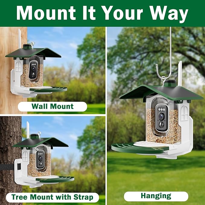 Smart Bird Feeder with Camera Solar Powered - AI Bird Identification, 2.4Ghz WiFi, 2K HD Video Live Stream Camera, 3MP Photos, 2.9in Focus, Gifts for Mom Dad Birdlovers, Green