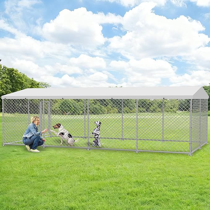 20x10 FT Outdoor Dog Kennel, Heavy Duty Large Outside Dog Enclosure with UV-Resistant Waterproof Sun-Proof Cover, Double Security Locks for Backyard Farm Ranch