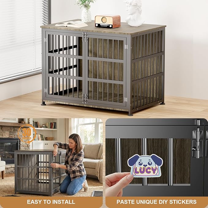 42" Furniture Style Large Dog Crate with Wheels, Metal Chew-Resistant Dog Kennel Indoor for Large & Medium Dogs, 41.9" W x 28.3" D x 31.7" H, Decorate House as TV Stand, End Table — Grey
