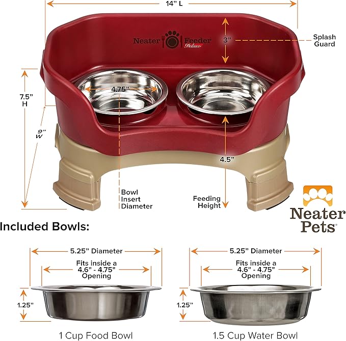 Neater Feeder Deluxe Mess Proof Cat Bowls Elevated for All Breeds – Made in USA – No Spill Raised Cat Bowls for Indoor Cats w/Leg Extensions – Stainless Steel Cat Food and Water Bowl Set - Red
