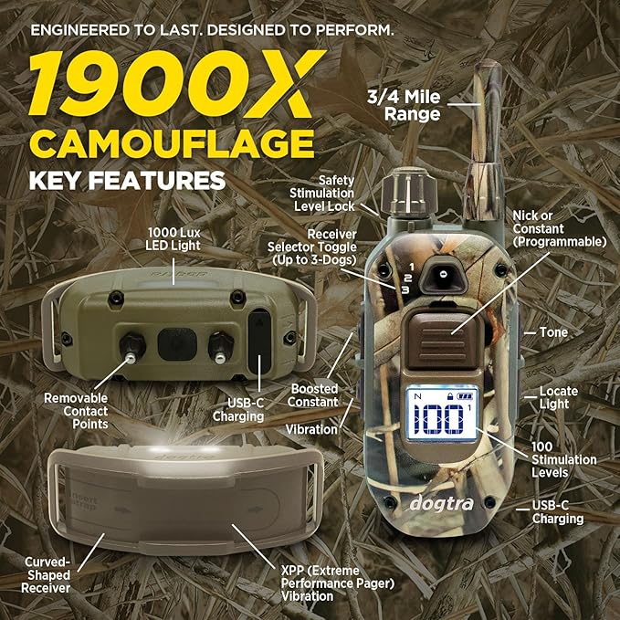 Dogtra 1900X Camouflage E-Collar - 3/4 Mile Range, Dogs 45 lbs+, IPX9K Waterproof, 100 Stimulation Levels, Vibration, Tone, Rechargeable - Ideal for Dog Owners and Professional Trainers