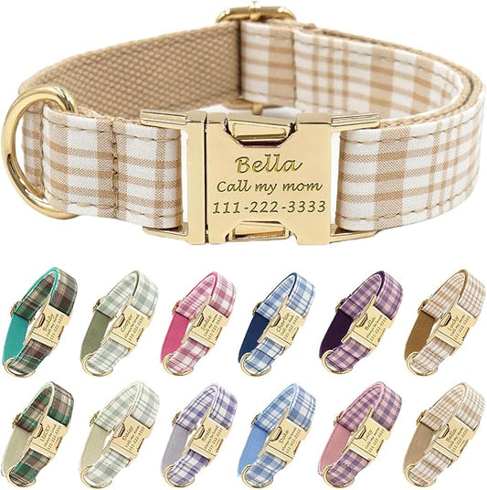 PETDURO Personalized Dog Collar Light Brown Plaid for Large Medium Dogs | Engraved Name and Phone Number on Gold Metal Buckle for Boys & Girls | Add Leash & Bow Tie via Customize Now