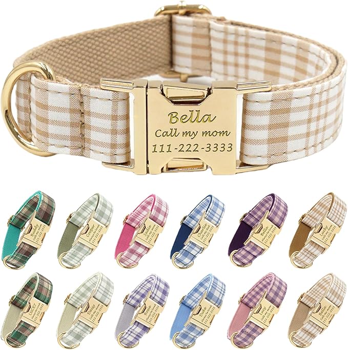 PETDURO Personalized Dog Collar Light Brown Plaid for Large Medium Dogs | Engraved Name and Phone Number on Gold Metal Buckle for Boys & Girls | Add Leash & Bow Tie via Customize Now
