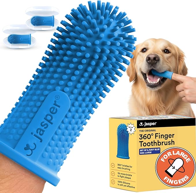 Jasper Large Dog Toothbrush, 360 Degree Pet Tooth Brushing Kit, Cat Toothbrush, Canine Dental Care & Teeth Cleaning Kit, Pet Finger Tooth Brush, Use with Dog Toothpaste, 2-Pack Navy-Blue Large