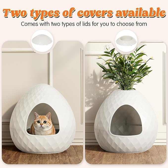 Egg-Shaped Hidden Cat Litter Box Enclosure, Secret Small Plant Litter Box Furniture with Two Interchangeable Top, Easy Assembly, for Living Room Corner White