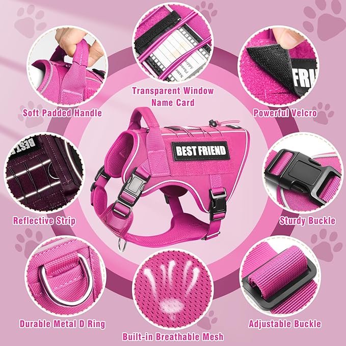 Tactical Dog Harness for Large Dogs,No Pull Military Dog Vest with Handle,Reflective Heavy Duty Pet Harness for Walking Hiking Training Pink L