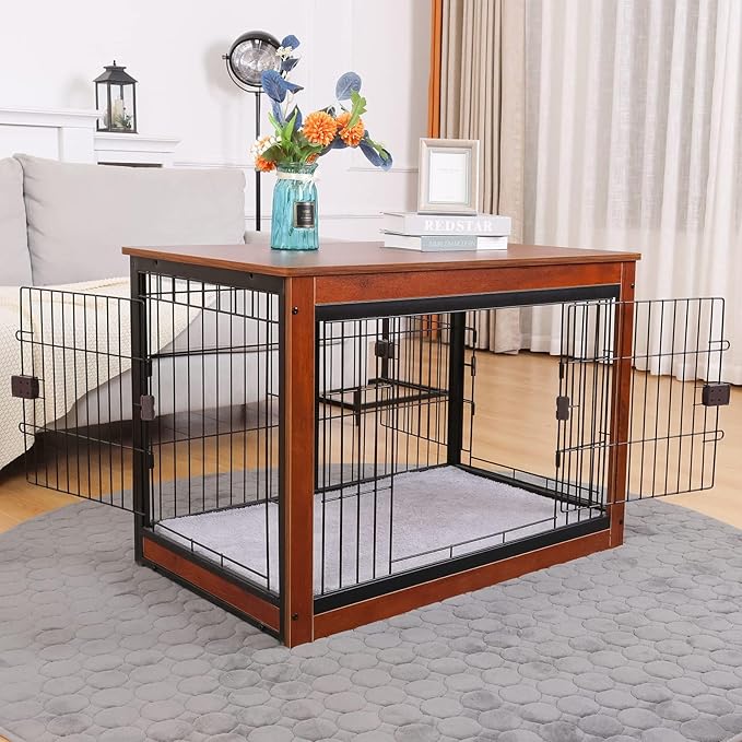 37.8 x 23.6 x 27.1 Inches Dog Crate Furniture Style for Medium Pets, Wooden Dog cage, Heavy Duty, Indoor Dog kennels with Three-Way Doors