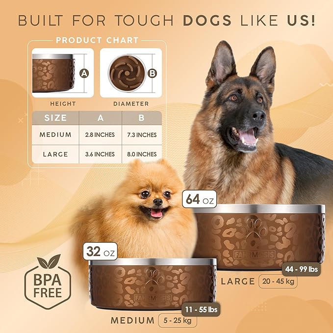 64 OZ Dog Bowl with Slow Feeder Insert Stainless Steel Pet Water Bowl for Medium & Large Breed Non Slip Rubber Base & Plastic Puzzle Feeder - Gold Leopard