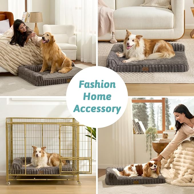 Cute Dog Bed, Faux Rabbit Fur Orthopedic Foam Dog Bed with Sides, Removable Washable Cover & Waterproof Lining, Comfortable Pet Couch for Medium Dogs, Grey (36" L x 27" W x 6.5" Th)