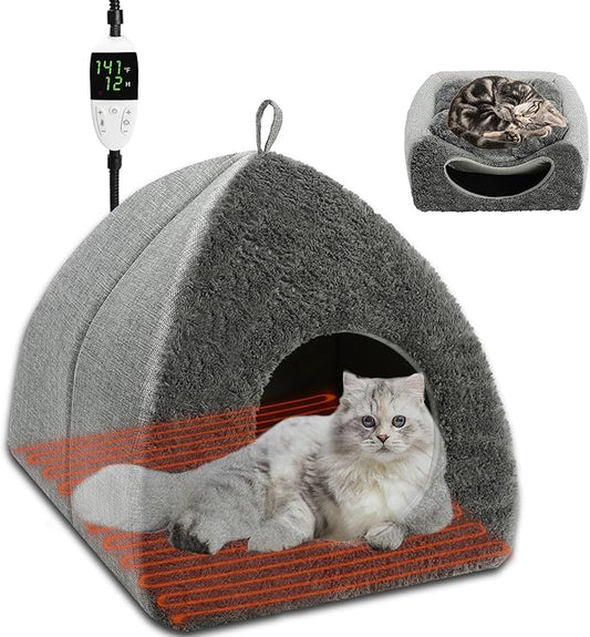 BWOGUE Indoor Heated Cat Bed, 2 in 1 Heated Cat Cave Bed with Temp Adjustable and Timer, Warming Cat Bed Thermo-Pet Nest for Indoor Cats Old Cats 16.9"×16.9"×16.1"(Light Grey Heating Mat)
