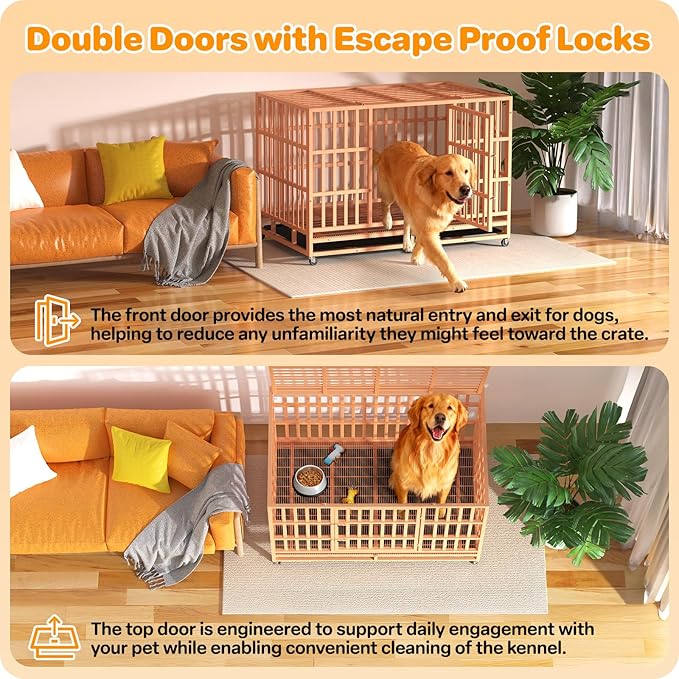 Heavy Duty Dog Crate 48 Inch, Indestructible Dog Crate with Removable Tray, Escape Proof & High Anxiety Dog Kennel Indoor, Metal Dog Cage with Wheels for Large Dogs, XL XXL XXXL