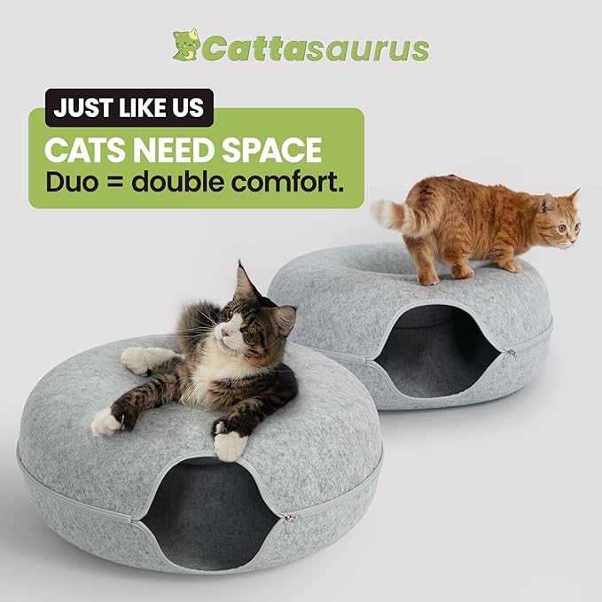Cattasaurus Peekaboo Cat Cave Duo Jumbo Set, Extra Spacious Cat Donut for Multiple & Large Kitty 15+ lbs, Scratch Detachable Cat Beds for Indoor Cats, Washable Cat Tunnel Bed, Best Kitten Toys