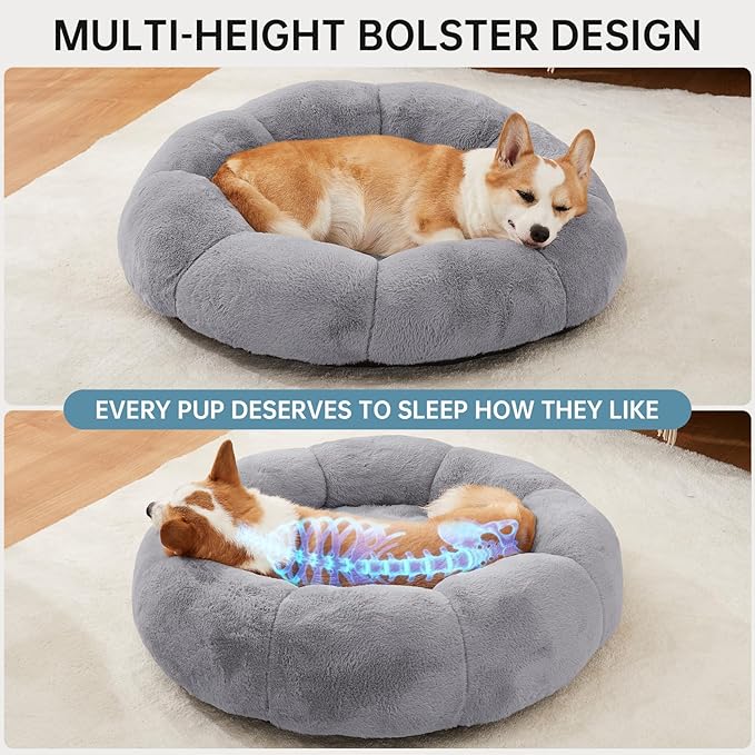 OhGeni 31 inches Calming Donut Orthopedic Dog & Cat Bed for Medium Pets, Warming Comfort Fluffy Short Pile Fur, Durable Waterproof Machine Washable Removable Cover, Round Bed for Puppy, Light Gray
