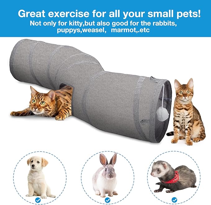 Ownpets Cat Tunnel Sturdy Oxford Fabric Cat Tunnel Toy, S-Shape Collapsible Cat Tunnels for Indoor Cats,Interactive Peek Hole Pet Tunnel Tube with Cat Wand Toy