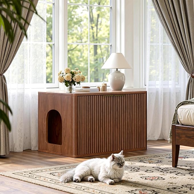 Evermagin 31.5" Walnut Cat Litter Box Enclosure Furniture, Large Hidden Litter Box Cabinet, Entry Can Install Left/Right, Mid Century Modern Fluted Kitty End Table for Living Room, Entryway, Bedroom