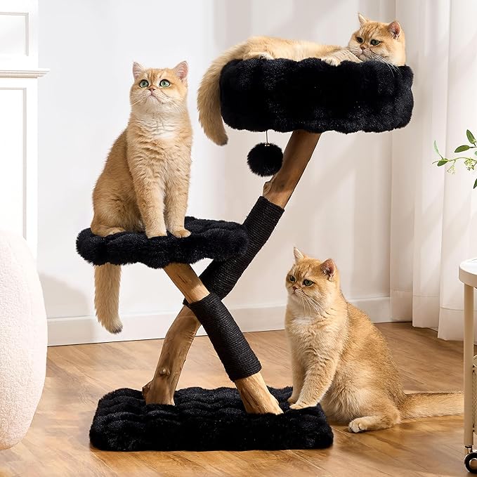 Cat Tree Modern Sturdy Solid Wood Cat Tower for Large Cat with Scratching Post for Indoor, Multifunctional Cat Tower with Cozy Bed and Platforms