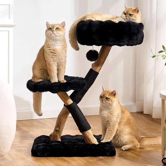 Cat Tree Modern Sturdy Solid Wood Cat Tower for Large Cat with Scratching Post for Indoor, Multifunctional Cat Tower with Cozy Bed and Platforms