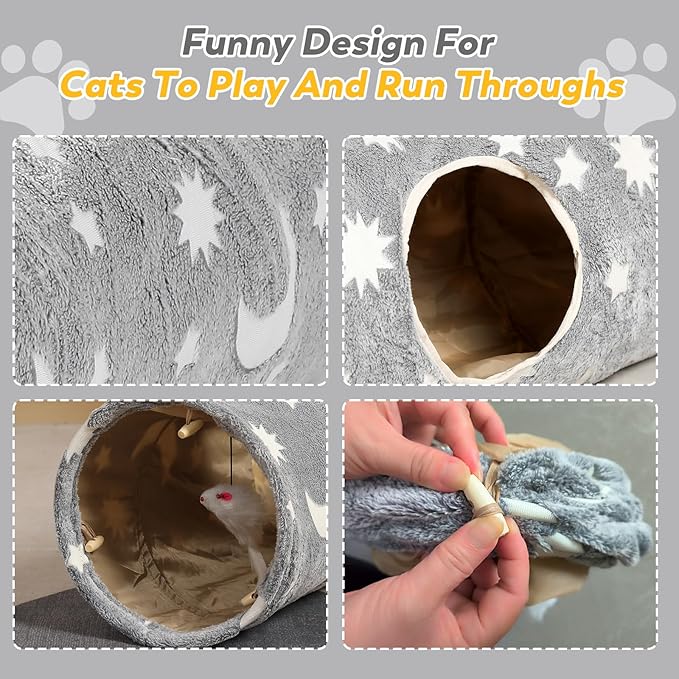 Cat Tunnels for Indoor Cats with Plush Toys Glows in The Dark Dog Cat Tunnel Tube Toys Photoluminescent for Indoor Cats Small Dogs Puppy Kitten Rabbit Bunny Ferret Pet Gray