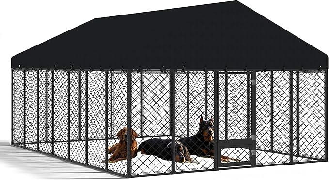 10x14FT Heavy Duty Outdoor Dog Kennel with Roof – Large Dog Enclosure & Weatherproof Dog House, Secure Metal Fence Playpen with Double Lock & Feeding Swivel Door for Big Dogs