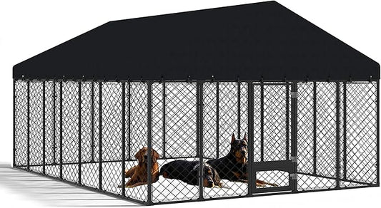 10x14FT Heavy Duty Outdoor Dog Kennel with Roof – Large Dog Enclosure & Weatherproof Dog House, Secure Metal Fence Playpen with Double Lock & Feeding Swivel Door for Big Dogs
