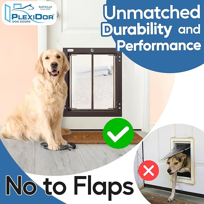 PlexiDor Performance Pet Doors for Dogs and Cats - Door Mount Dog Door with Lock and Key - Bronze, Large Sizes