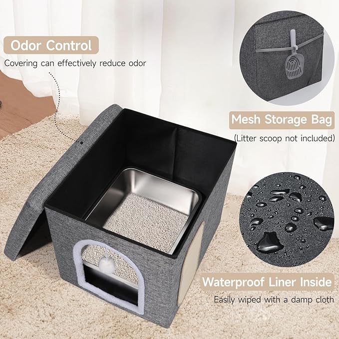 Cat Litter Box Enclosure Furniture, Foldable Hidden Litter Box with Mesh Storage Bag, Litter Box Furniture with Waterproof Inside, Easy Clean, Odor Control, Easy Assembly - 21.6”L x 17.7”D x 17.7”H