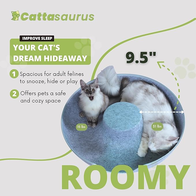 Cattasaurus Peekaboo Cat Cave Donut for Multiple & Large Cats up to 30-45 lbs, 3-in-1 Self Warming Cat Bed, Tunnel & Scratcher for Indoor Cats, Washable & Detachable Small Dog Bed (Light Gray, Jumbo)