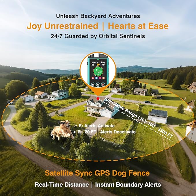 Satellite Sync GPS Wireless Dog Fence - No Subscription & No App, 3-in-1 Electric Fence/Real-Time Tracker/Dog Collar - Works Off-Grid with Remote Control