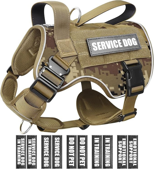 WINSEE Tactical Dog Harness for Large Dog, Heavy Duty Service Dog MOLLE Vest with 10 Pet Patches, No Pull Military Working Vest for Training Hunting Walking