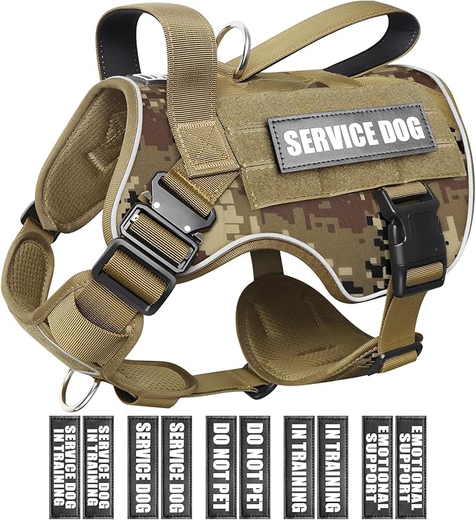 WINSEE Tactical Dog Harness for Medium Dog, Heavy Duty Service Working MOLLE Vest with 10 Pet Patches, 2X Metal Buckle Vest for Training Hunting Walking