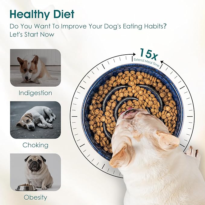 vancasso Slow Feeder Dog Bowl, 0.6 Cups Ceramic Dog Food Dish for Fast Eaters Small Breed, Puzzle Bowl for Small Dogs and Cats, Blue