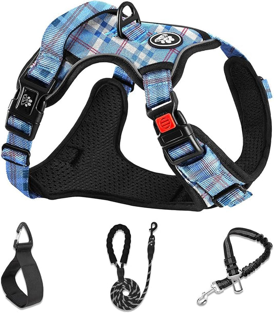 NESTROAD No Pull Dog Harness with Leash, Reflective No Choke Pet Vest Harness,Adjustable Soft Padded Dog Harness with Easy Control Handle for Small Dogs(Checkered Blue,Small)