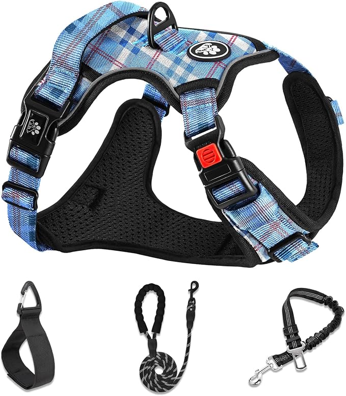 NESTROAD No Pull Dog Harness with Leash, Reflective No Choke Pet Vest Harness,Adjustable Soft Padded Dog Harness with Easy Control Handle for Large Dogs(Checkered Blue,Large)