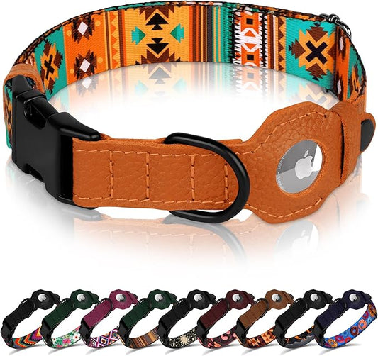 AirTag Dog Collar with Metal Buckle - Printed Nylon Soft Leather Dog Collar with Apple AirTag Holder - Secure Tracking GPS Pet Collars for Girl Boy Small Large Dogs (L, 17"-21" Neck Fit, Southwest)