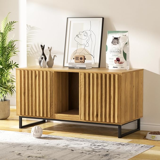 Double Litter Box Enclosure,Modern Cat Litter Box Enclosure for 2 Cats, Hidden Litter Box with Cat Scratch Pad, Cat Washroom Cat House End Table, Entryway Bench for Livingroom (Natural)