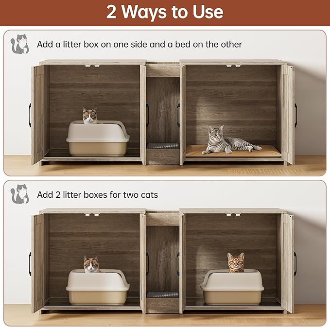 55" Cat Litter Box Enclosure, Double Litter Box Cabinet with Cat Bed, PVC Pad and Scratch Pad, Hidden Litter Box Furniture for 2 Cats with Storage and 2 Entrances, Grey